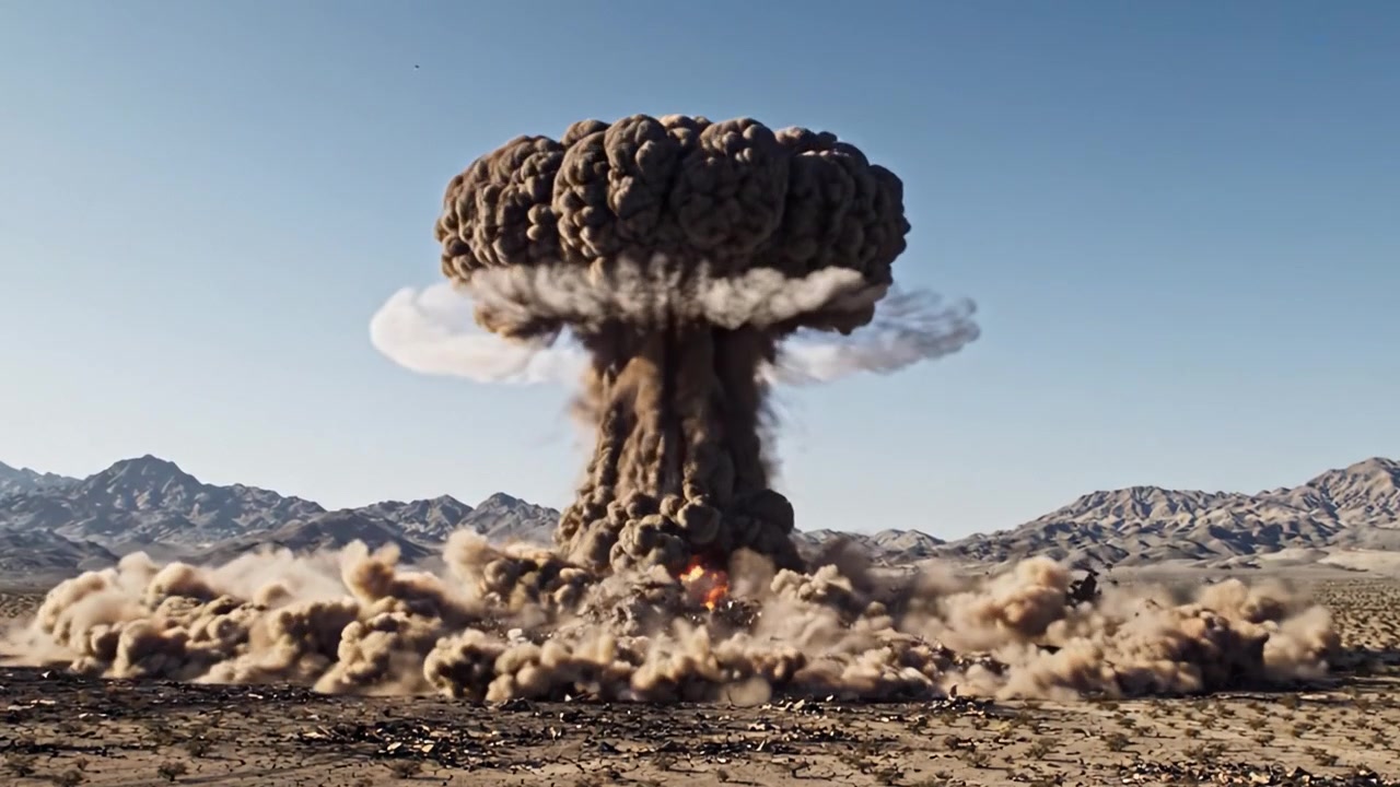 Eine gewaltige Explosion geht von der Wüstenlandschaft aus, erzeugt eine massive Pilzwolke, die die Stille der Umgebung stört und ein staubiges Nachspiel hinterlässt