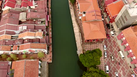 Drone-aerial-footage-in-Malacca-Old-Town,-Malaysia