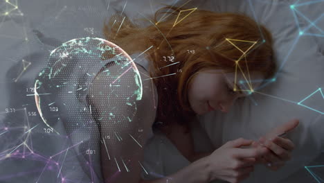 animation of network of digital icons and spinning globe over woman using smartphone