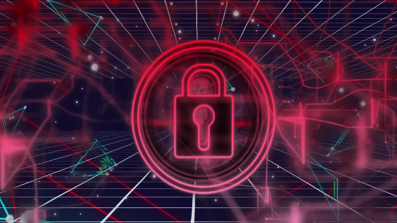 animación del icono del candado de seguridad y las formas triangulares y los puntos blancos sobre la red de cuadrícula