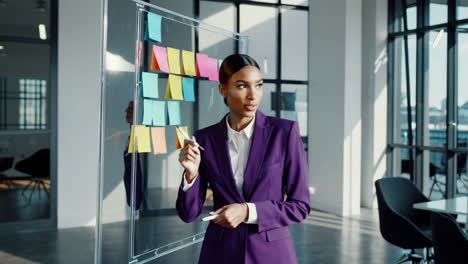 professional woman organizes ideas on a glass board with sticky notes in an office