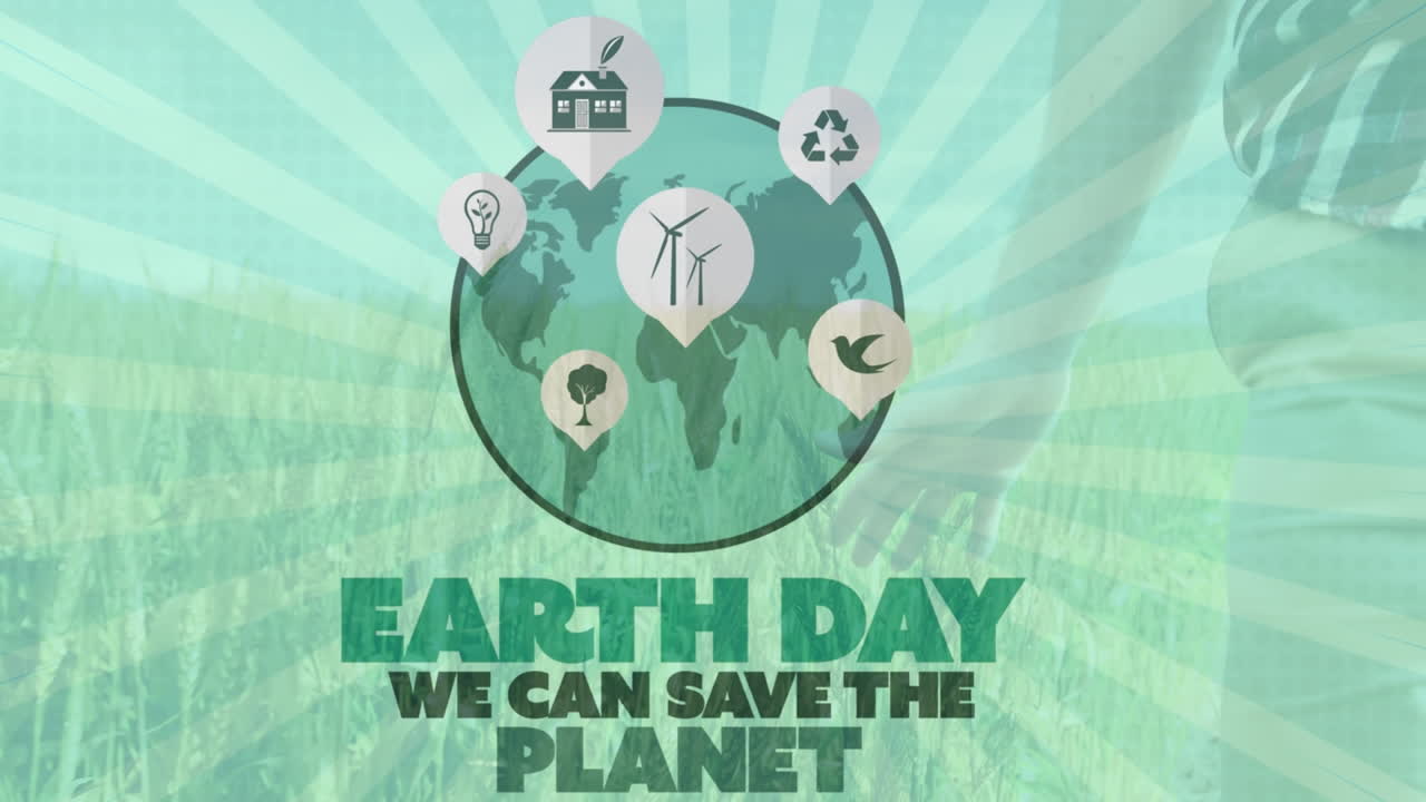 анимация глобуса с иконами и текстом дня земли над кавказскими женщинами