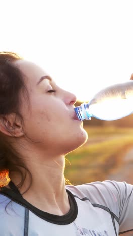 athletic woman drinking water from a bottle during outdoor exercise in a sunlit environment
