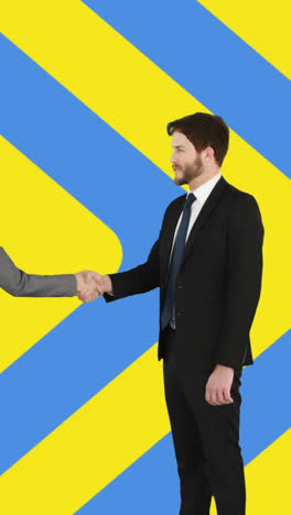 Animation-of-caucasian-business-people-shaking-hands-over-flag-of-ukraine