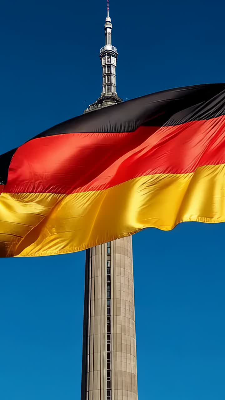 Lodret video: Tysk flag, der blafrer i vinden og dækker og afslører et centreret tårn mod en blå himmel