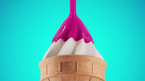 primer plano de jarabe que se vierte en el helado sobre un fondo azul