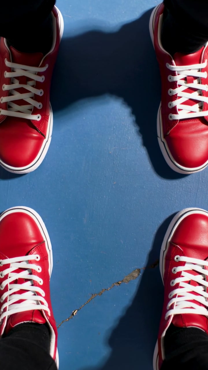 Vertical video: Shifting weight red sneaker pairs with black pants moving on blue court scuff clear