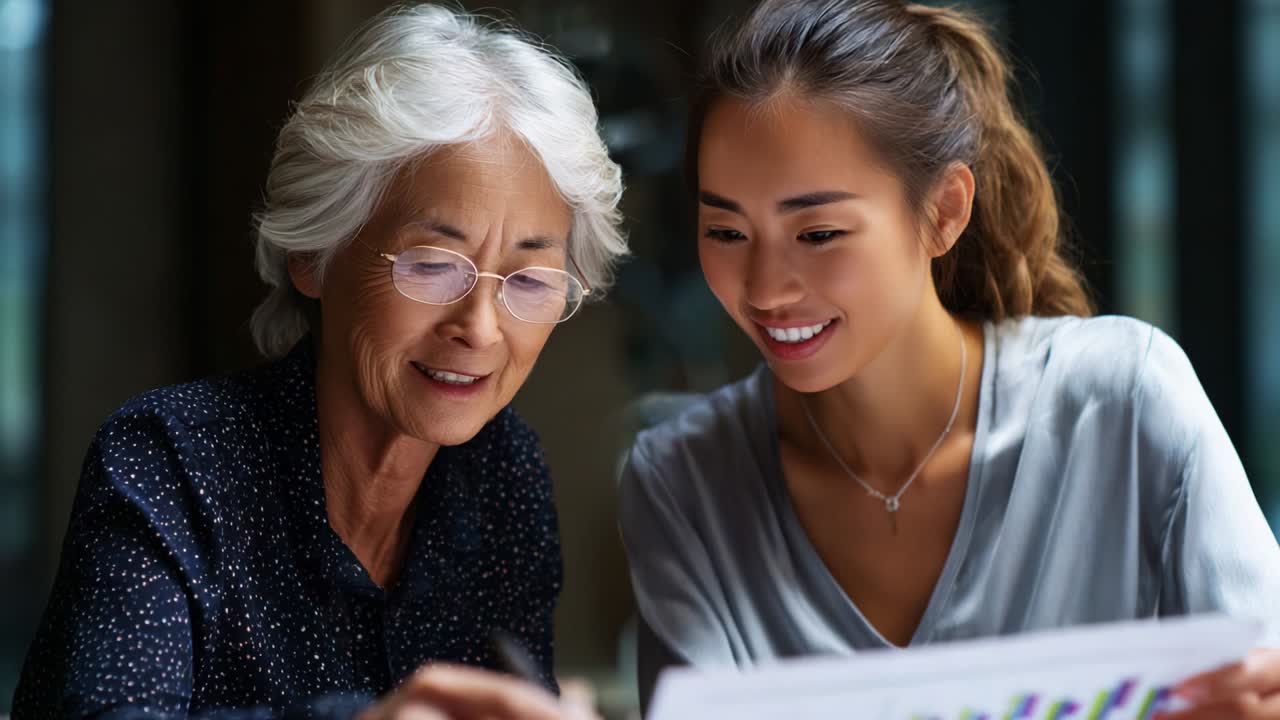 A Heartwarming Moment of Connection Between Two Generations: An Elderly Woman and a Young Woman Engaged in Collaborative Discussion While Reviewing Charts and Data with Enthusiasm and Joy