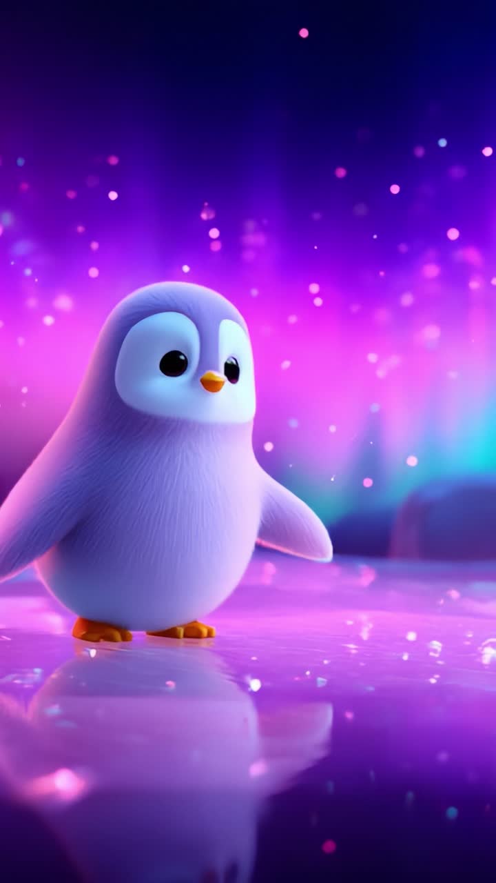 A Charming Animated Penguin Character Brings Joy and Whimsy to a Colorful Aurora Background, Capturing the Imagination with Its Playful Gait and Delightful Expression in a Magical, Vibrant Setting