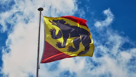 bandera del cantón de berna ondeando sobre fondo de cielo azul, escudo de armas de la región de suiza