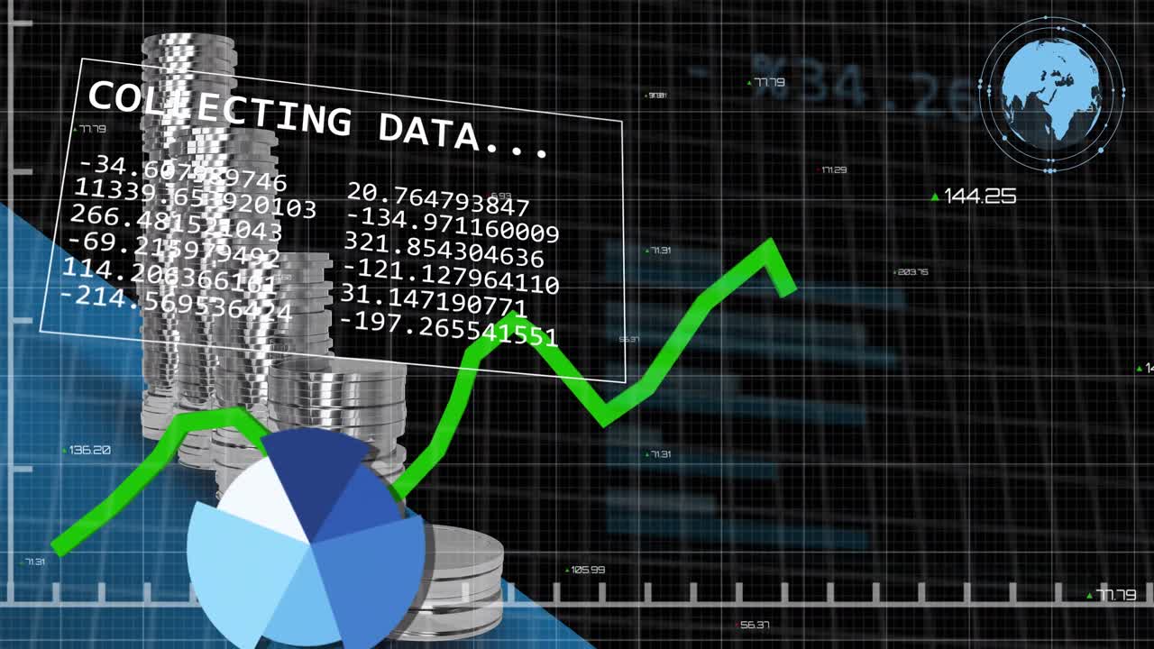 Animation of financial data processing over stack of silver coins