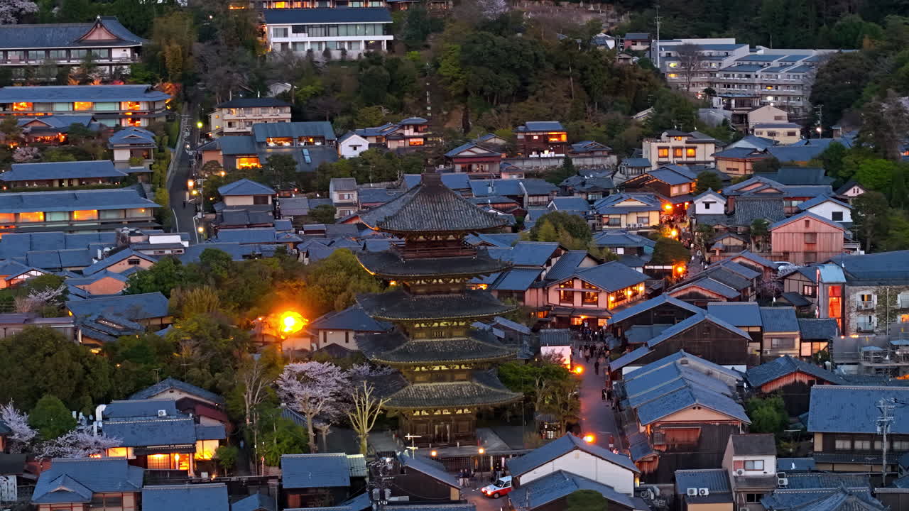 Aerial drone view of the Yasaka Shrine at sunset