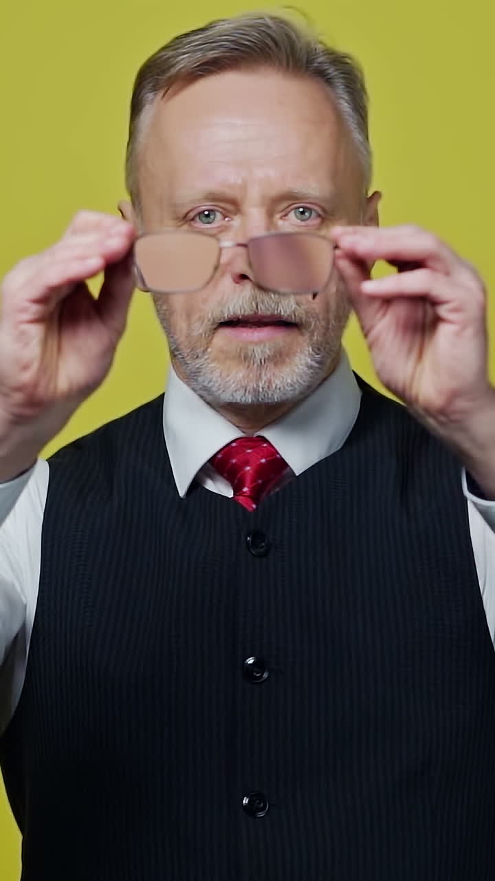 Senior man holding glasses in hands. Smiling old man in shirt is looking at his glasses on the yellow background. Slow motion. Vertical video