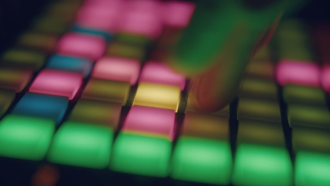 Gros plan sur un doigt appuyant sur des pads colorés sur un contrôleur MIDI.