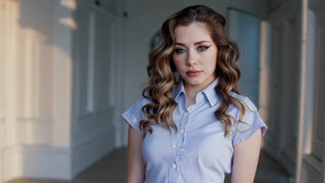 woman in blue striped shirt