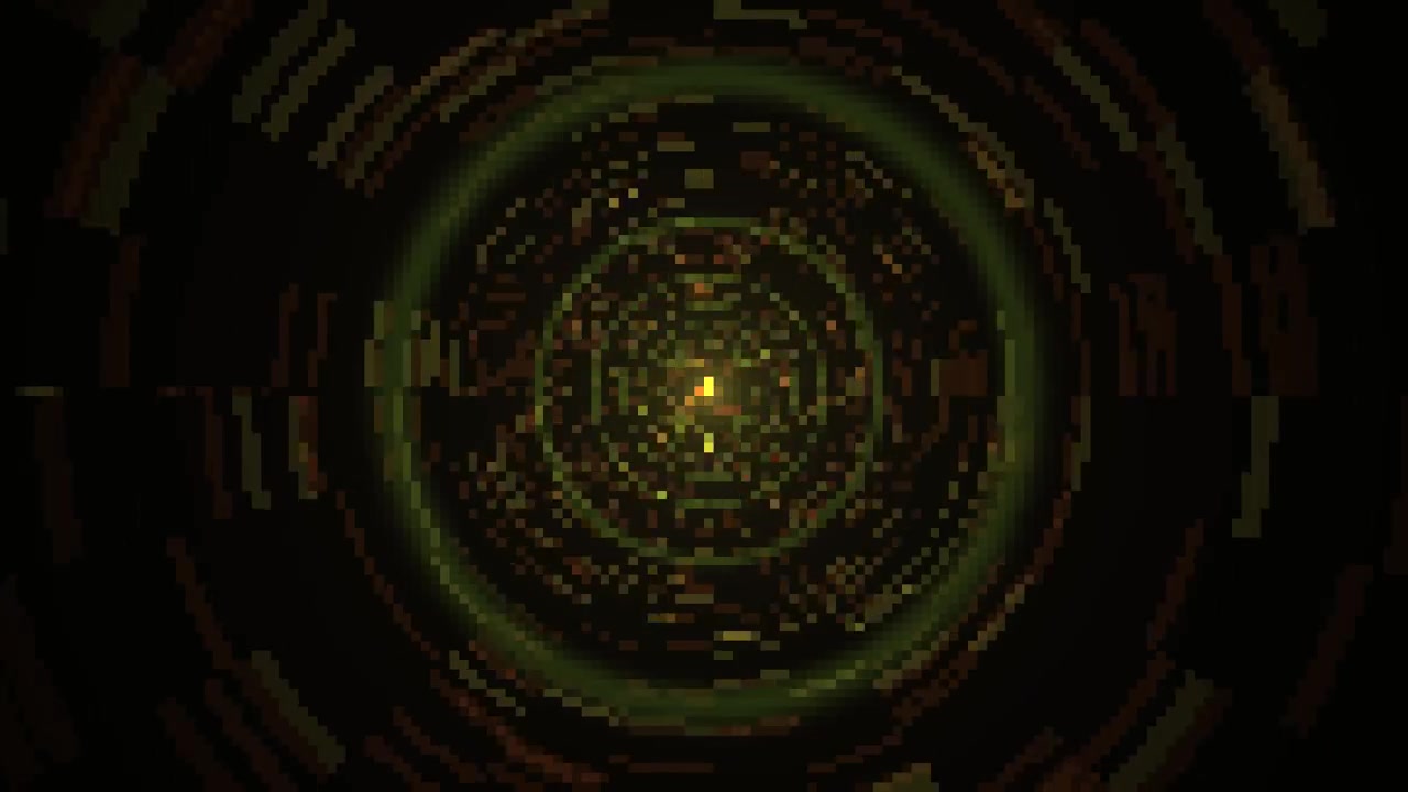 Abstrakt pixeleret tunnel med glødende grønt og gult lys