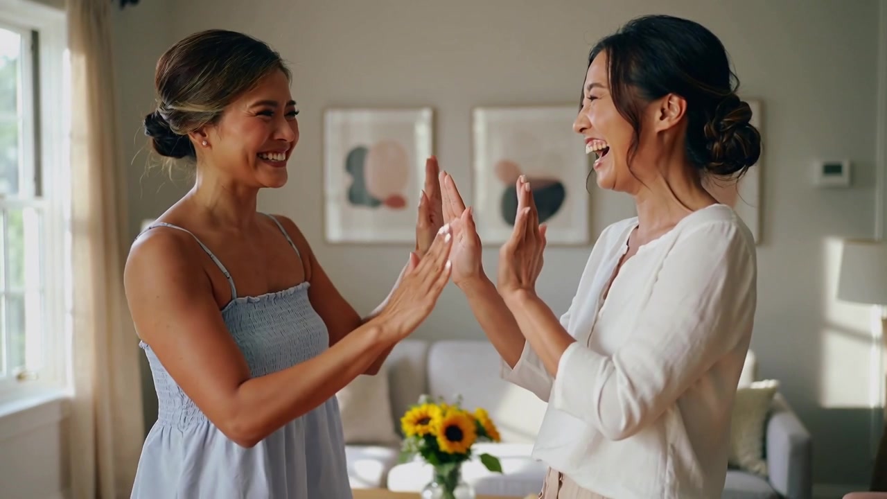Donne asiatiche in abito blu e camicetta che alzano le braccia vicino alla finestra, applaudono e sorridono a casa con i girasoli.