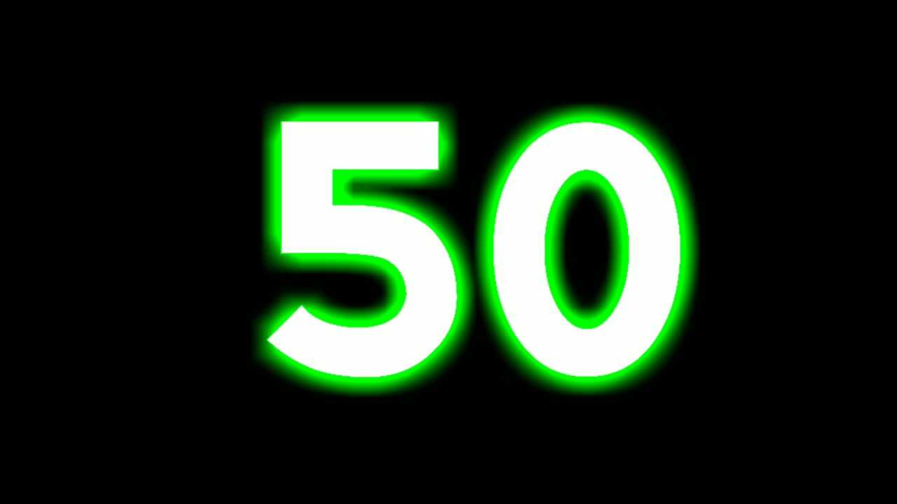 Insegna al neon con il numero 50 (cinquanta), animazione moderna di motion graphics che sfarfalla su sfondo nero, di colore verde luminoso e brillante per elementi video.