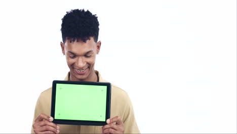 Face,-man-or-green-screen-tablet-in-studio