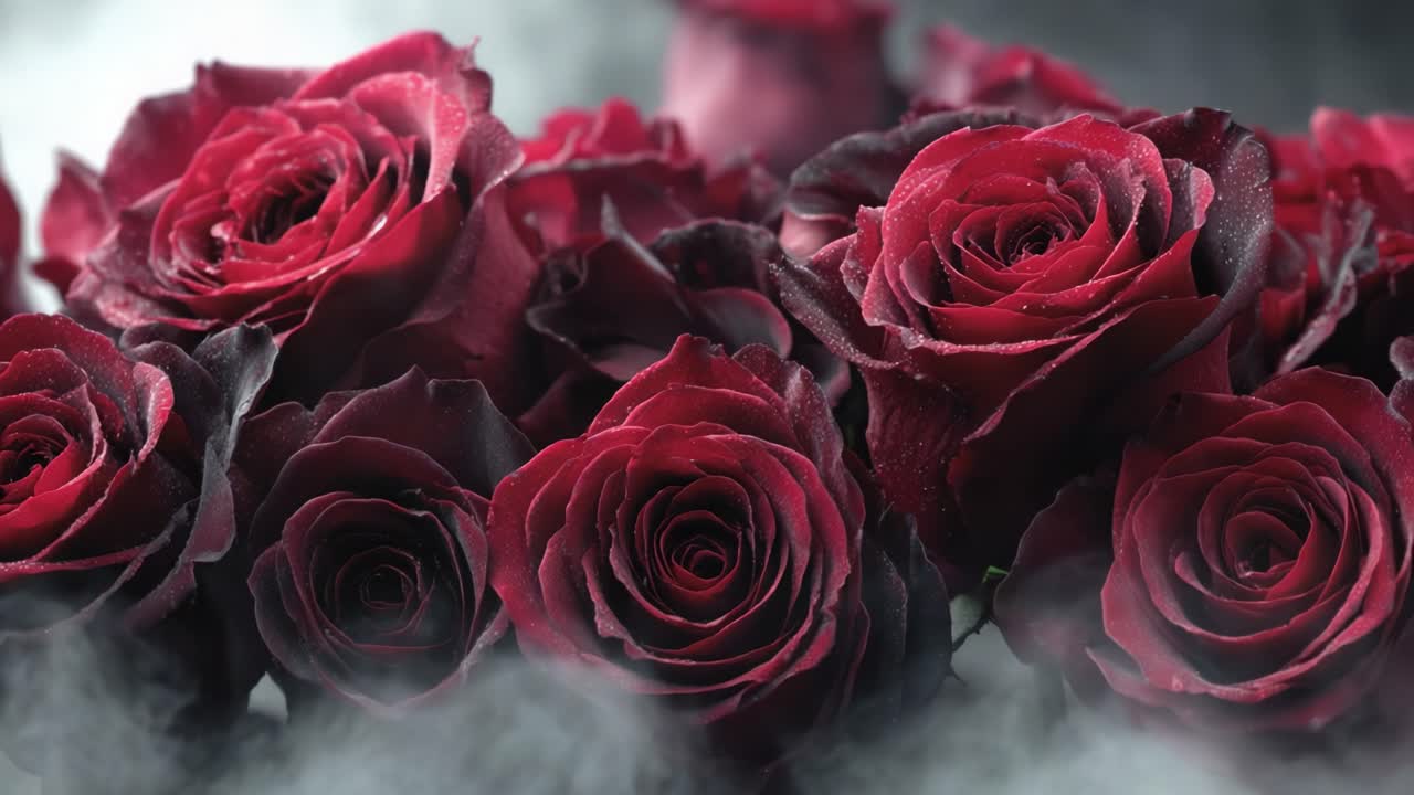 Uma Exibição Cativante de Rosas Vermelhas Escuras e Pretas Rodeadas por Névoa, Perfeita para Celebrar o Amor, o Romance e a Beleza em Qualquer Arranjo Floral