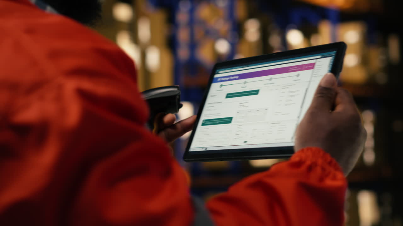 Black worker verifying cargo with tablet and scanner for shipment