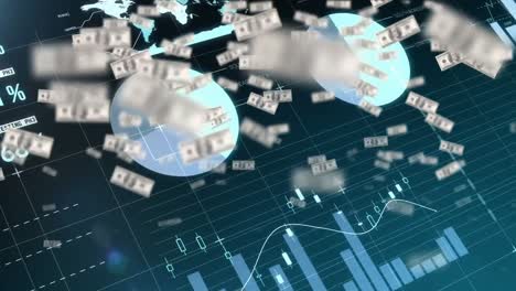 graphs and statistics while money bills can be seen moving in the foreground