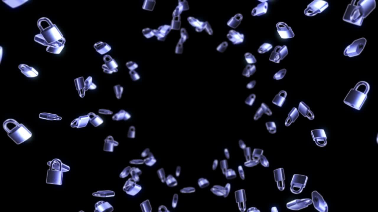 검은색 배경에 많은 은색 패들록을 날리는 보안 또는 비밀 보호 개념, 회전하는 패들록의 3d 애니메이션, 루프 애니메이션.