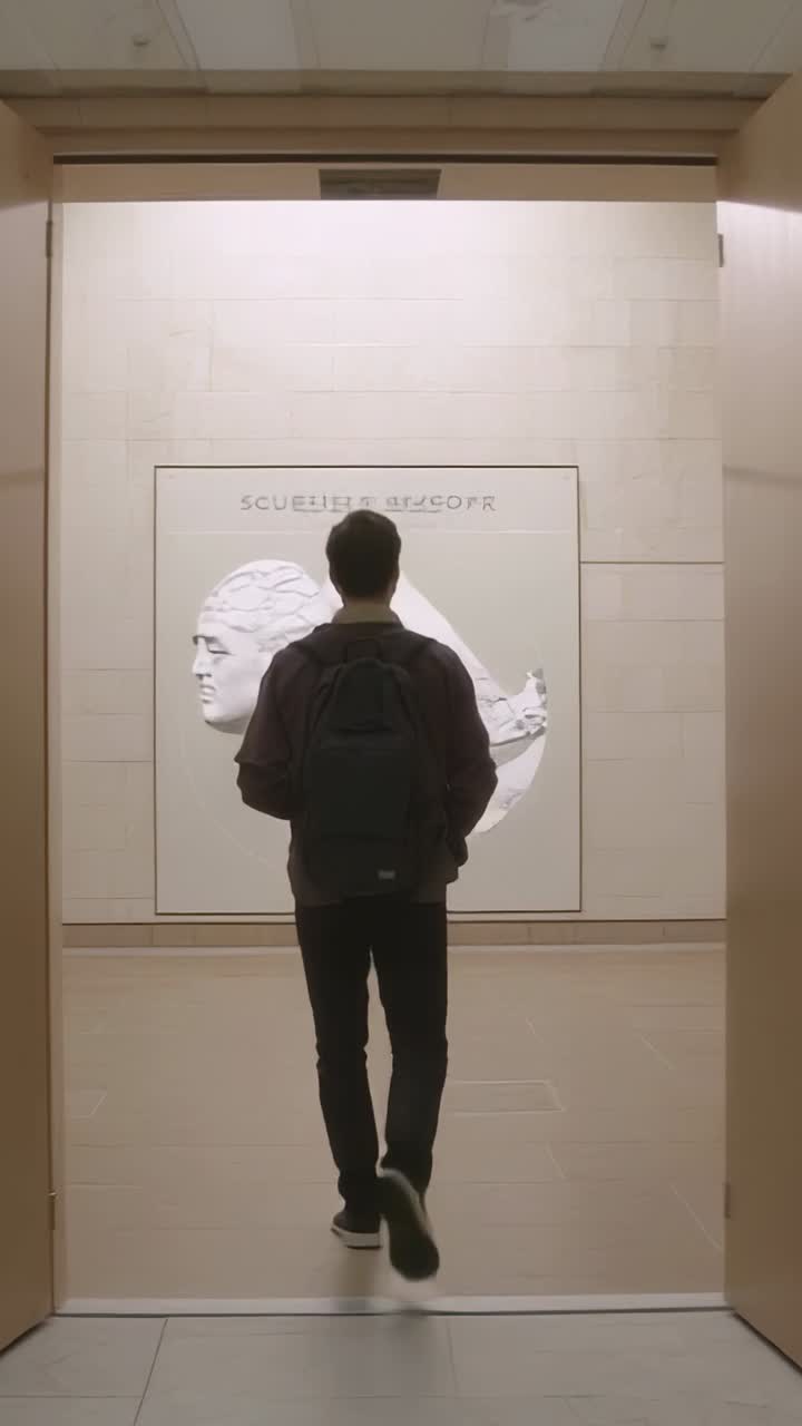 Vertikal video: Voksen mand med rygsæk går ind i galleri efter døråbning og ser relief