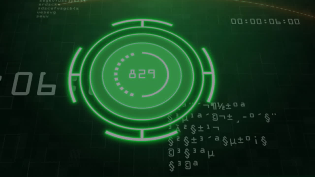 Green circular digital interface with numbers and symbols over data processing animation