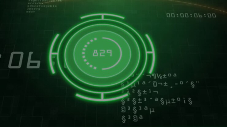 Green circular digital interface with numbers and symbols over data processing animation