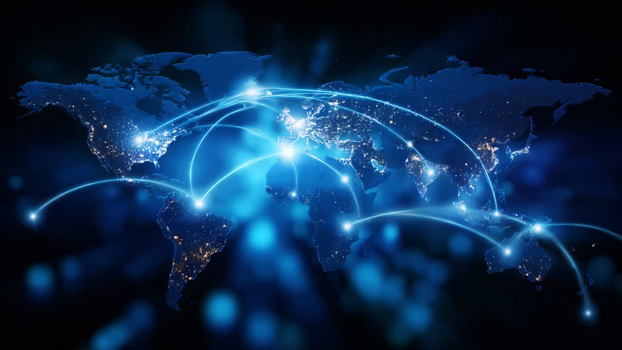 A captivating representation of a world map illuminated with intricate network connections and bright data points, symbolizing global communication, technological advancements, and interconnectedness between nations and regions