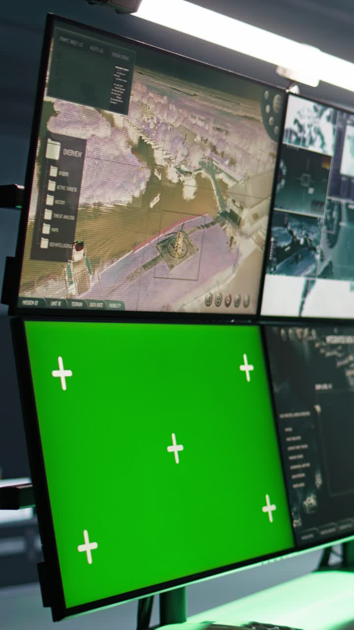 Video verticale Specialista militare che usa il radar su attrezzatura con chroma key per osservare le zone d'assalto