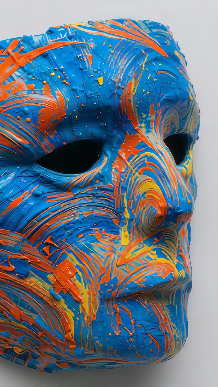 Vertical video: Moving camera revealing face mask on white wall, showing texture of blue paint