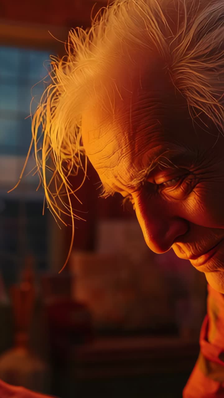 Vertical video: Warm light urging senior man raising head fixing gaze in study window, copy space