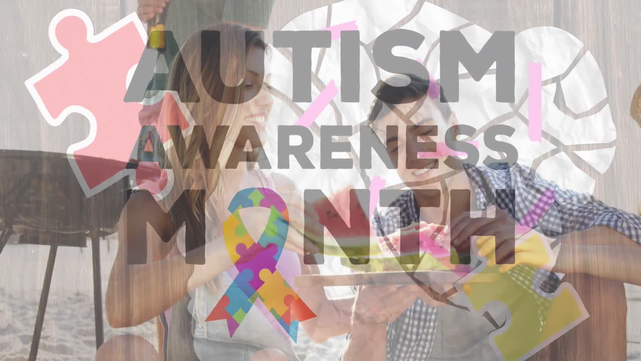 Animation of colourful puzzle pieces and autism text over happy friends at summer beach party