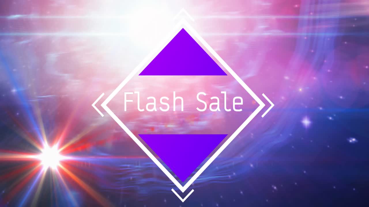 Animazione del testo "flash sale" in una cornice bianca su sfondo dal rosa al blu.
