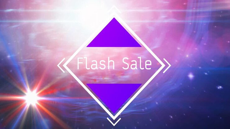 Animazione del testo "flash sale" in una cornice bianca su sfondo dal rosa al blu.
