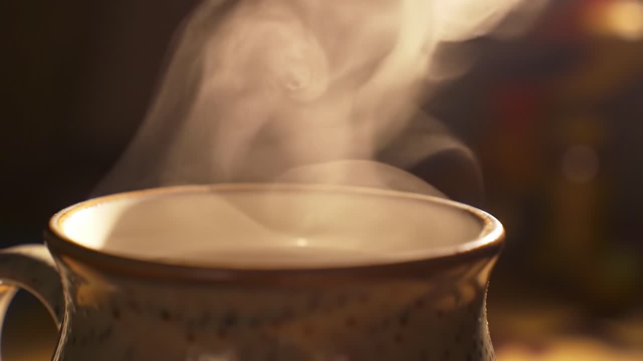 A Serene Moment: The Captivating Dance of Steam Rising from a Cozy Cup of Hot Beverage in a Warm Atmosphere
