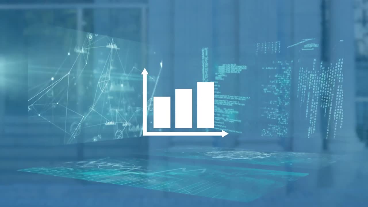 animación del icono del gráfico sobre puntos conectados, globo y lenguaje informático contra un fondo abstracto.