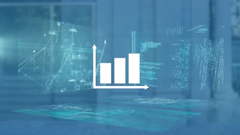 Animation-of-graph-icon-over-connected-dots,-globe-and-computer-language-against-abstract-background