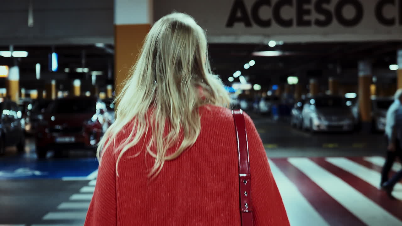 소녀는 지하 주차장을 걸어다닙니다.