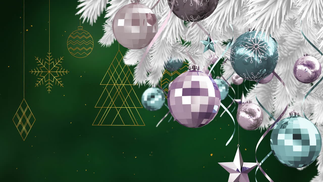 Christmas decorations with baubles and stars, geometric shapes animation on green background