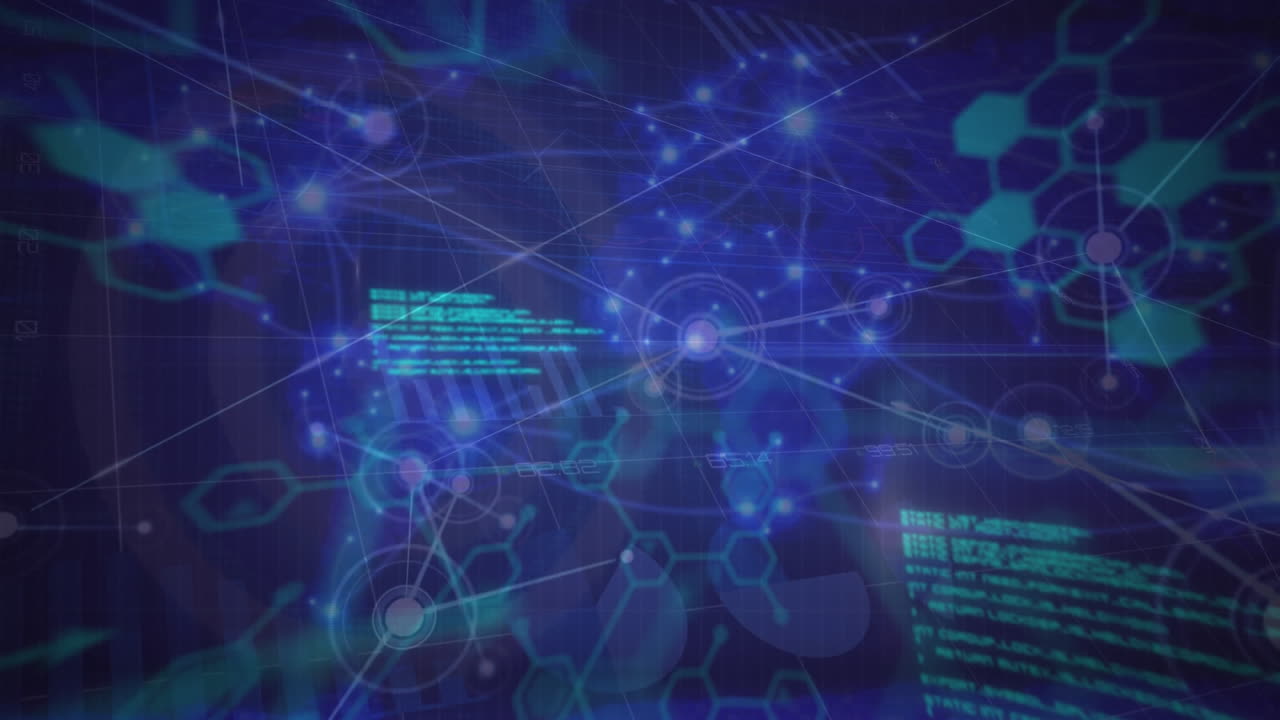 파란색 배경에 연결 네트워크, 데이터 처리 및 화학 구조의 애니메이션