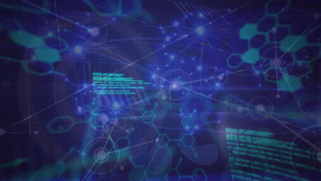 animation of network of connections, data processing and chemical structures on blue background
