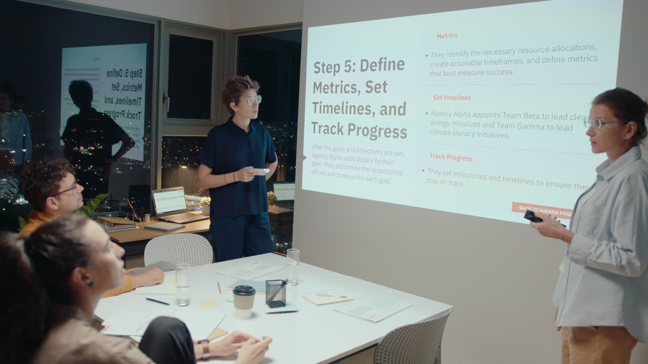 dos colegas femeninas de pie a ambos lados de la pantalla de proyección y dando una presentación de negocios al equipo durante la reunión en la oficina con ventanas panorámicas con vistas a la ciudad nocturna