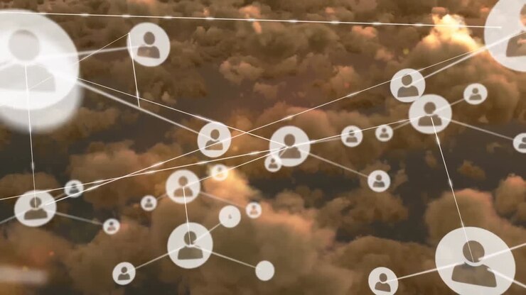 Animation of networks of connections with icons over clouds and sky