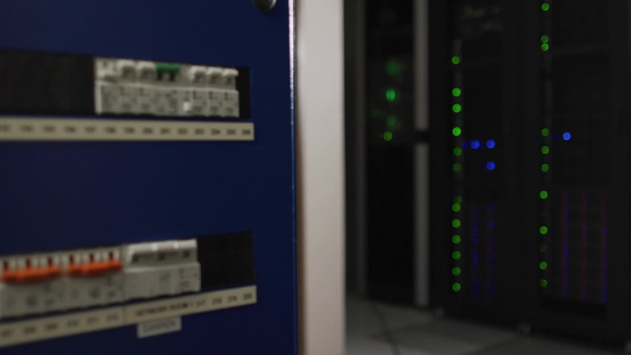 Camera opening close-up floating code panels over server rack, panning right visualizing code flow