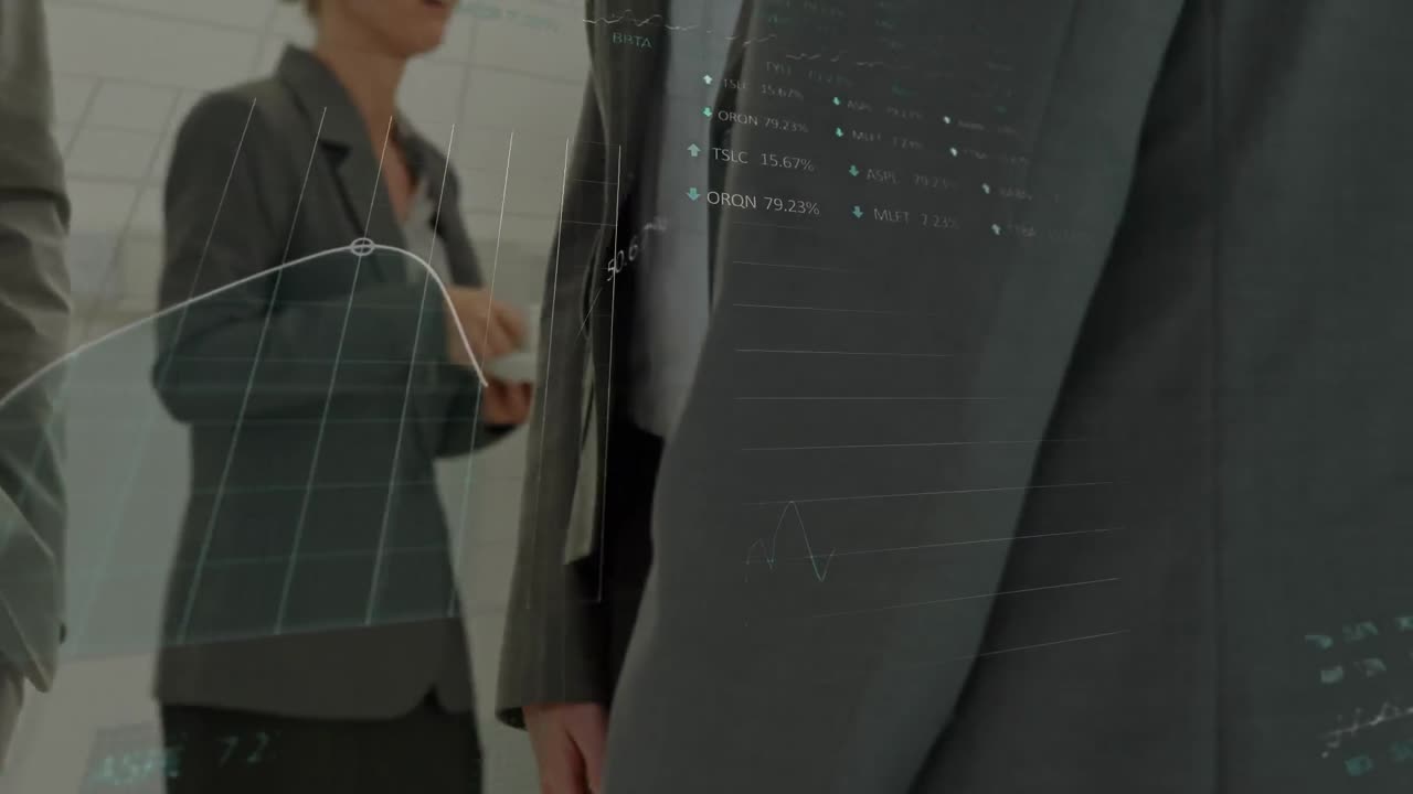 анимация обработки данных над рукопожатием бизнесмена