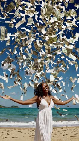 mujer celebrando con dinero lloviendo en la playa