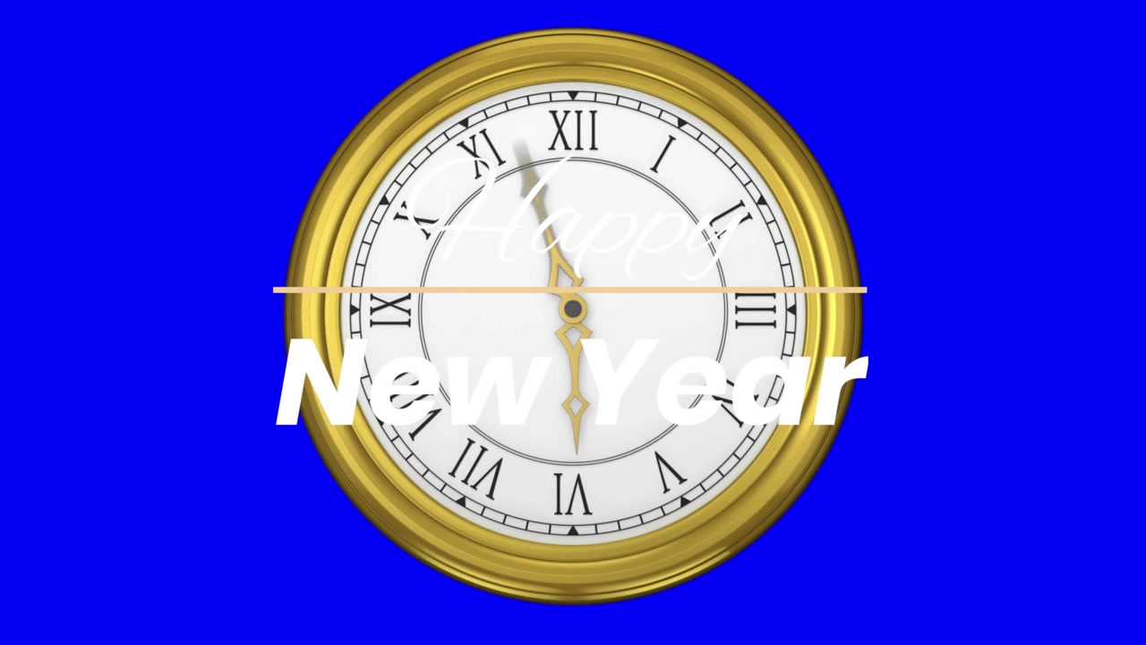 Animación de texto de feliz año nuevo sobre un reloj moviéndose rápido en un fondo azul.